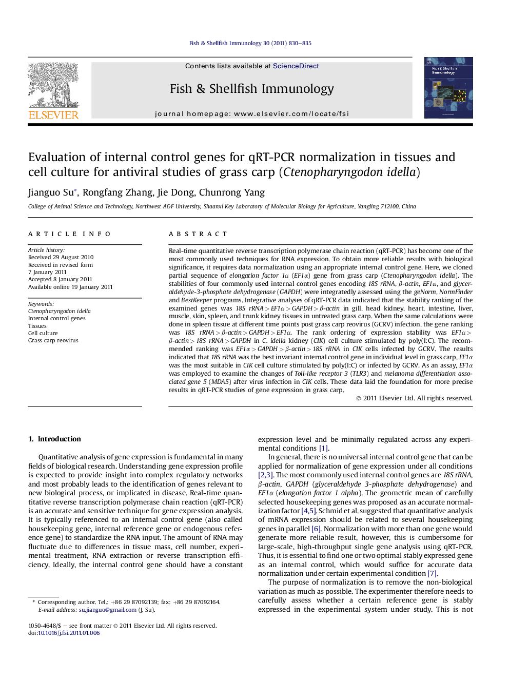 Evaluation of internal control genes for qRT-PCR normalization in tissues and cell culture for antiviral studies of grass carp (Ctenopharyngodon idella)