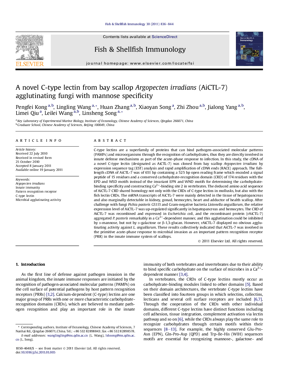 A novel C-type lectin from bay scallop Argopecten irradians (AiCTL-7) agglutinating fungi with mannose specificity