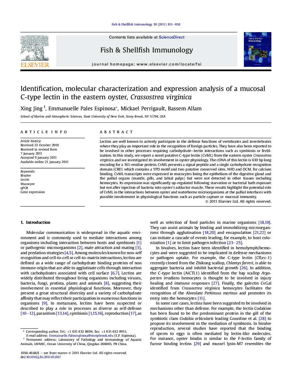 Identification, molecular characterization and expression analysis of a mucosal C-type lectin in the eastern oyster, Crassostrea virginica