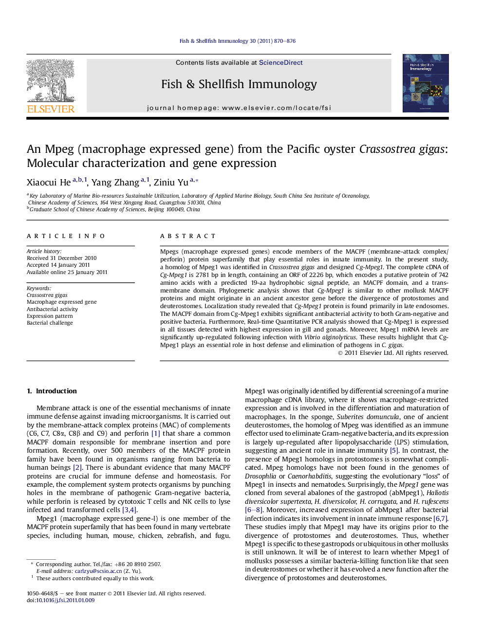 An Mpeg (macrophage expressed gene) from the Pacific oyster Crassostrea gigas: Molecular characterization and gene expression