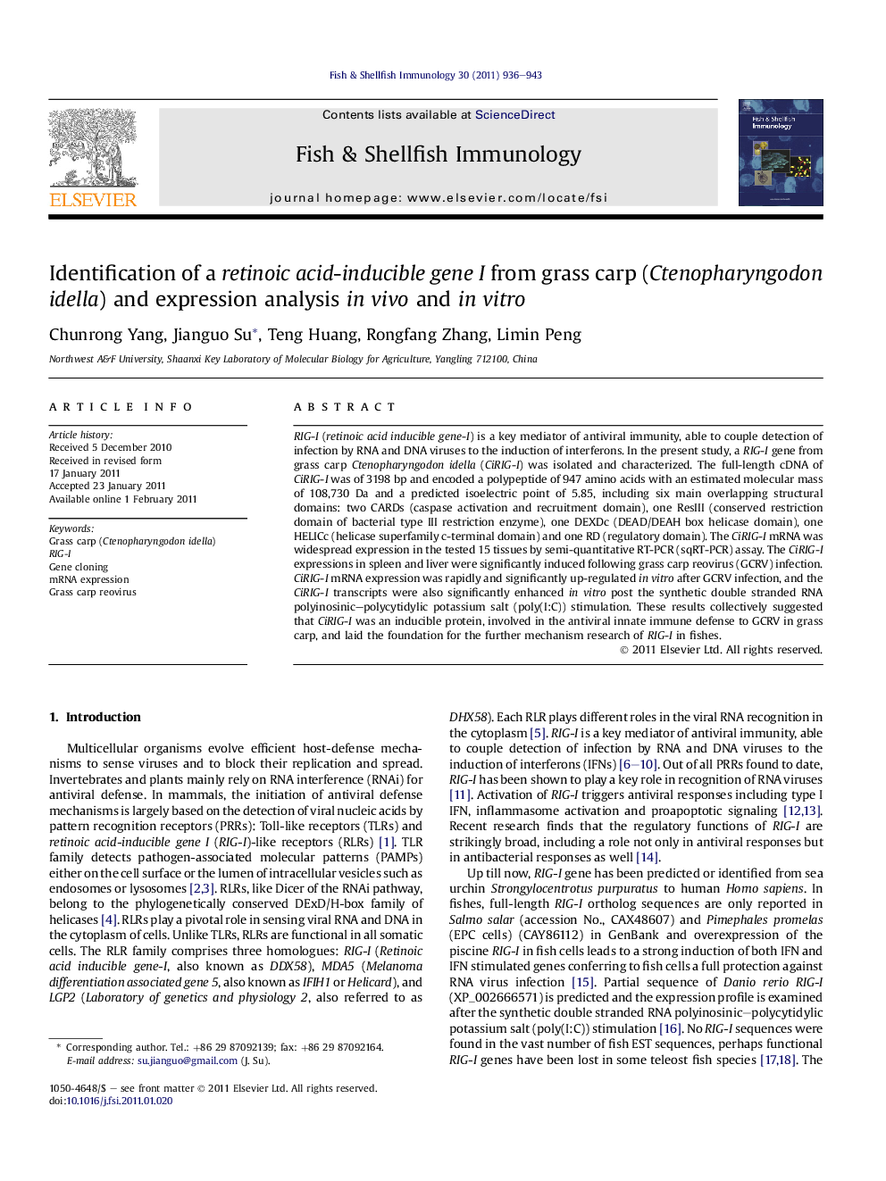 Identification of a retinoic acid-inducible gene I from grass carp (Ctenopharyngodon idella) and expression analysis in vivo and in vitro