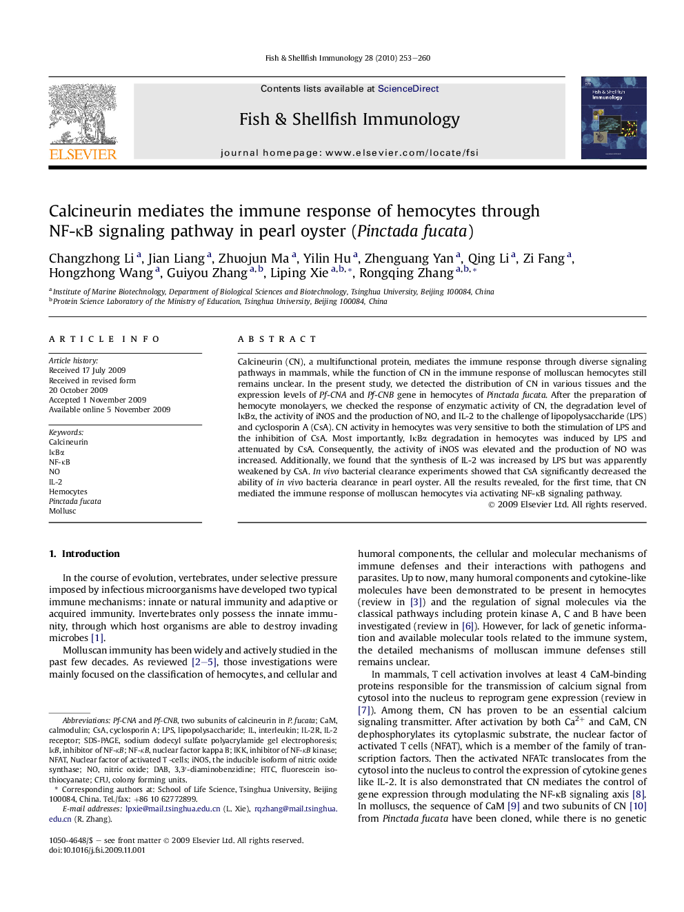 Calcineurin mediates the immune response of hemocytes through NF-κB signaling pathway in pearl oyster (Pinctada fucata)