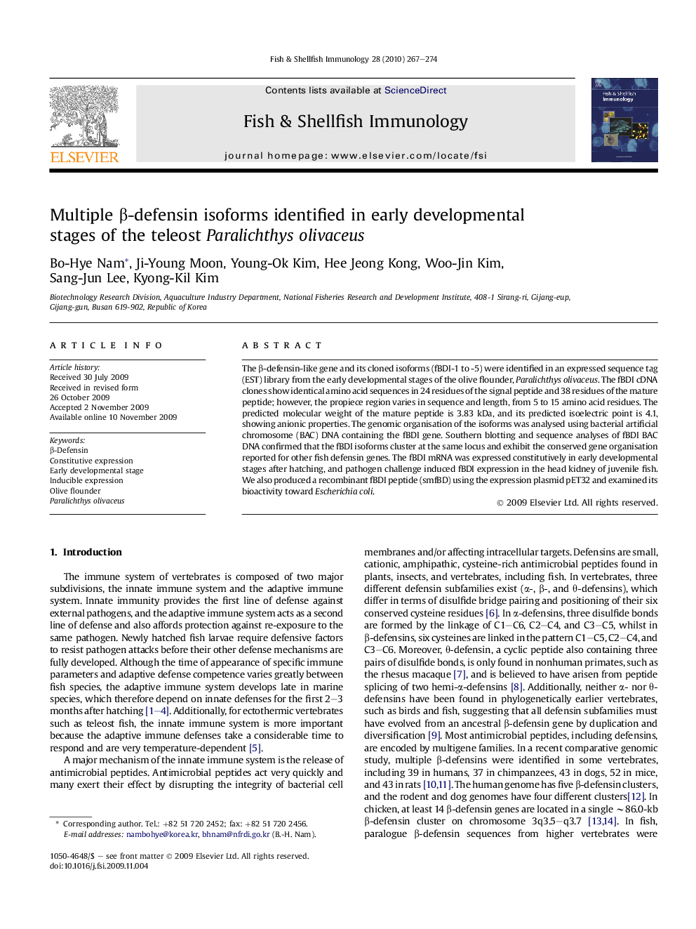 Multiple β-defensin isoforms identified in early developmental stages of the teleost Paralichthys olivaceus