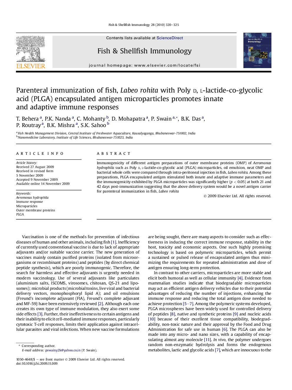 Parenteral immunization of fish, Labeo rohita with Poly d, l-lactide-co-glycolic acid (PLGA) encapsulated antigen microparticles promotes innate and adaptive immune responses