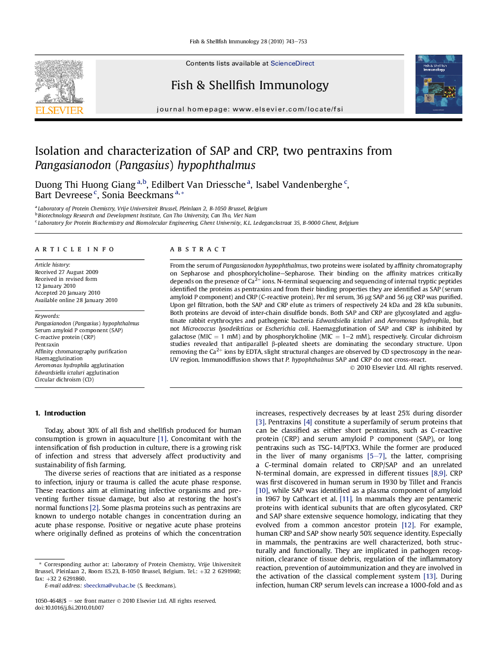 Isolation and characterization of SAP and CRP, two pentraxins from Pangasianodon (Pangasius) hypophthalmus