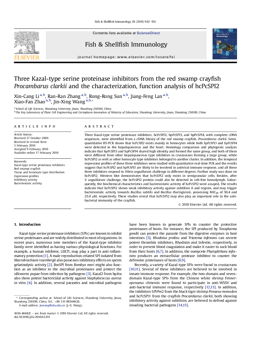 Three Kazal-type serine proteinase inhibitors from the red swamp crayfish Procambarus clarkii and the characterization, function analysis of hcPcSPI2