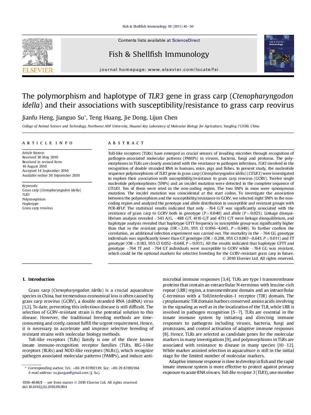 The polymorphism and haplotype of TLR3 gene in grass carp (Ctenopharyngodon idella) and their associations with susceptibility/resistance to grass carp reovirus