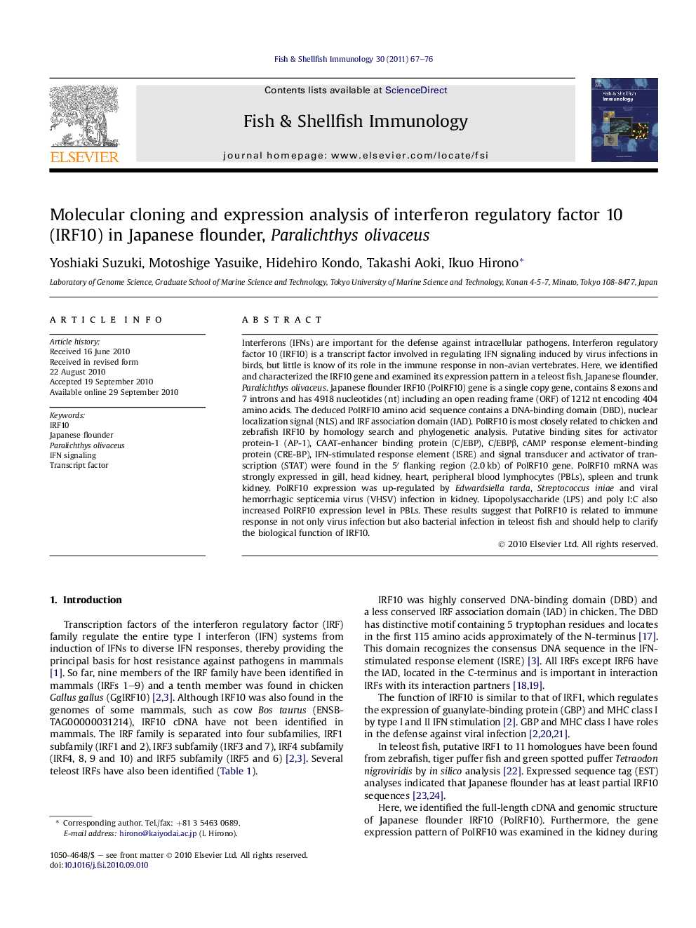 Molecular cloning and expression analysis of interferon regulatory factor 10 (IRF10) in Japanese flounder, Paralichthys olivaceus