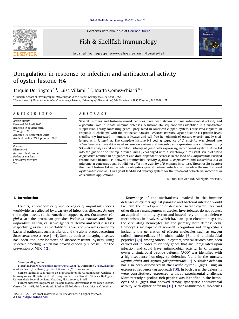 Upregulation in response to infection and antibacterial activity of oyster histone H4