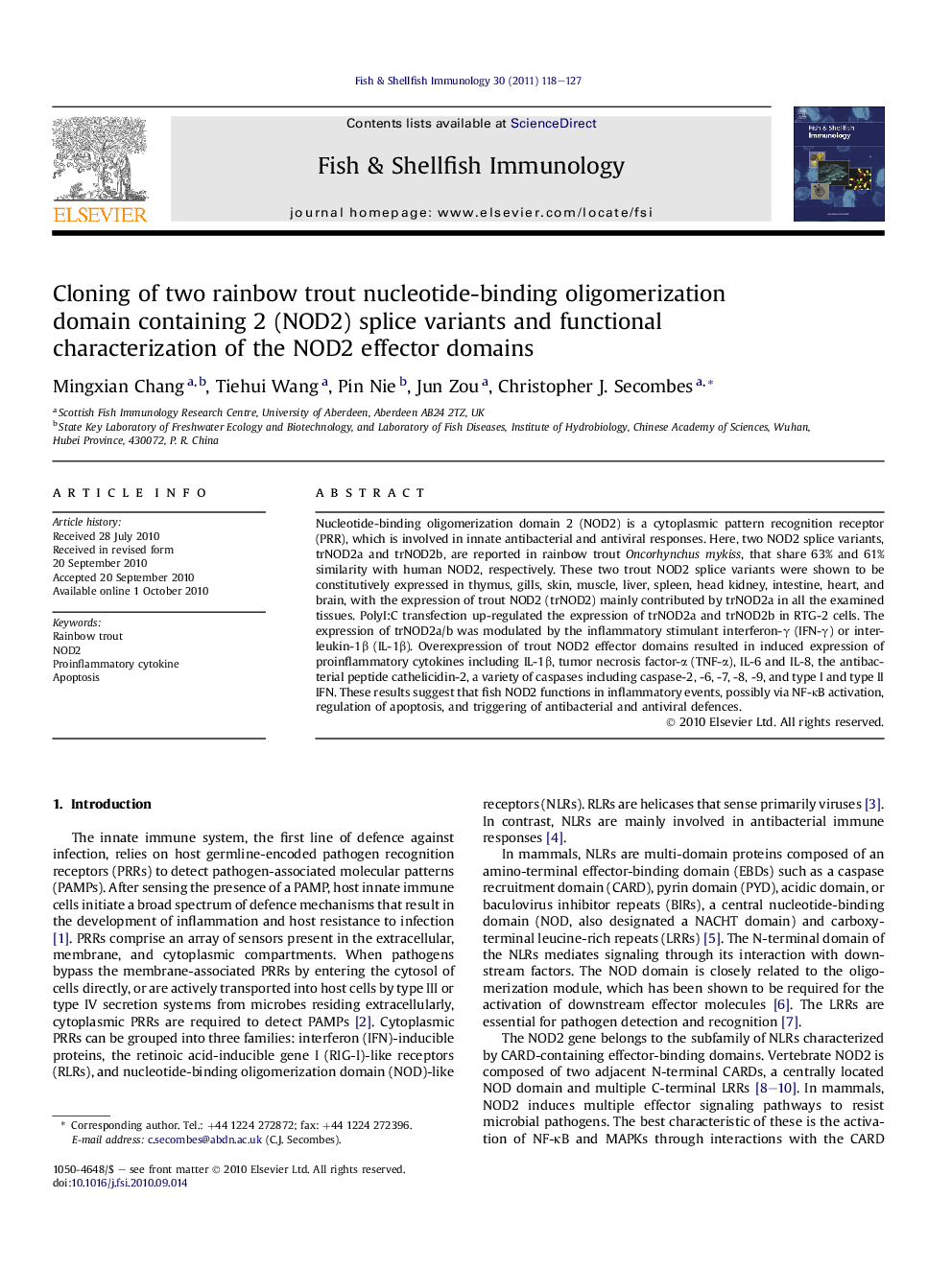 Cloning of two rainbow trout nucleotide-binding oligomerization domain containing 2 (NOD2) splice variants and functional characterization of the NOD2 effector domains