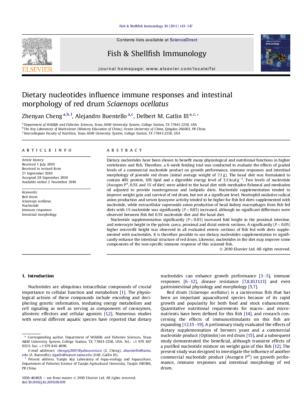 Dietary nucleotides influence immune responses and intestinal morphology of red drum Sciaenops ocellatus