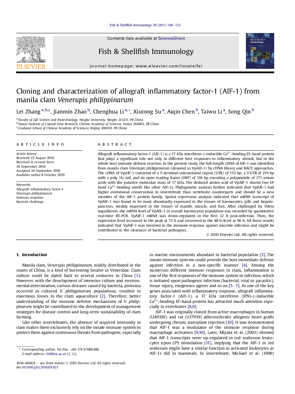 Cloning and characterization of allograft inflammatory factor-1 (AIF-1) from manila clam Venerupis philippinarum