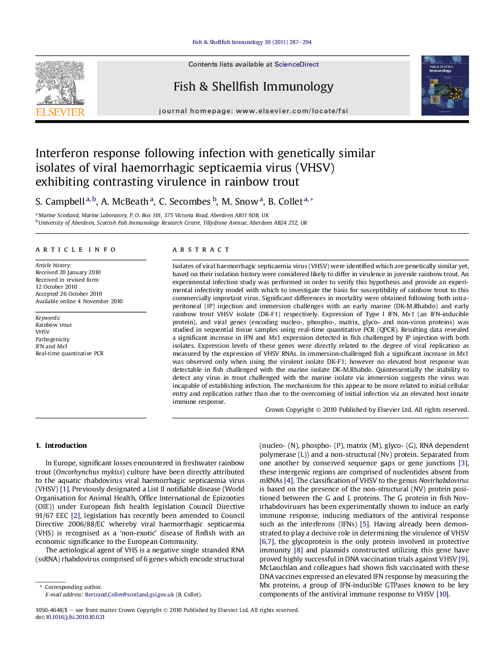 Interferon response following infection with genetically similar isolates of viral haemorrhagic septicaemia virus (VHSV) exhibiting contrasting virulence in rainbow trout