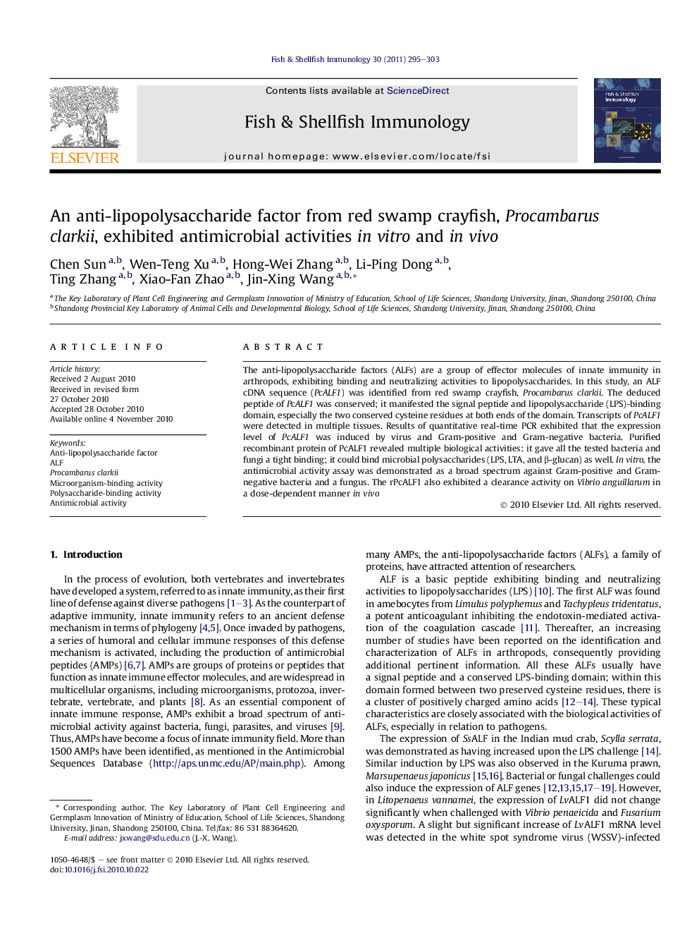 An anti-lipopolysaccharide factor from red swamp crayfish, Procambarus clarkii, exhibited antimicrobial activities in vitro and in vivo