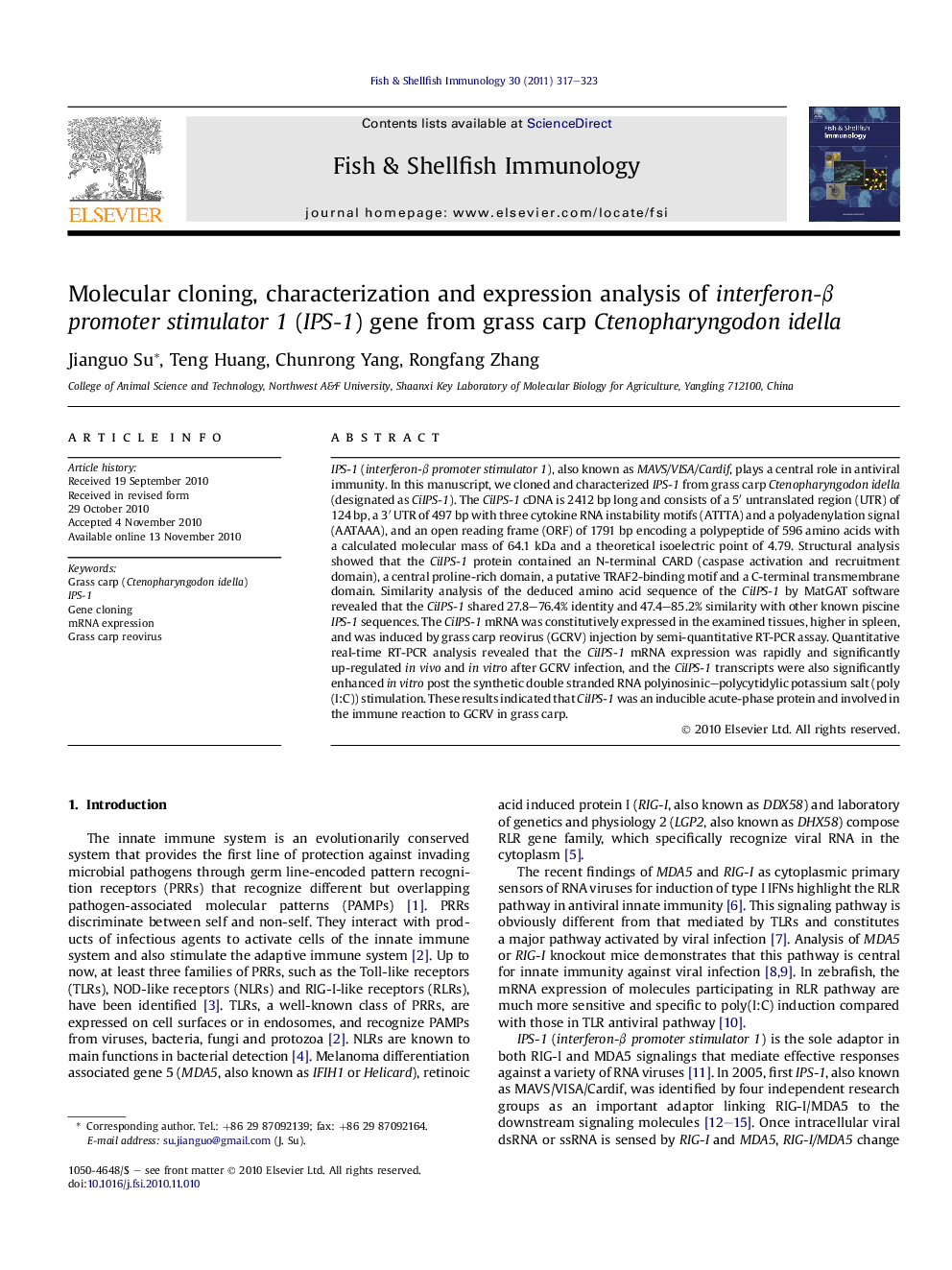 Molecular cloning, characterization and expression analysis of interferon-β promoter stimulator 1 (IPS-1) gene from grass carp Ctenopharyngodon idella