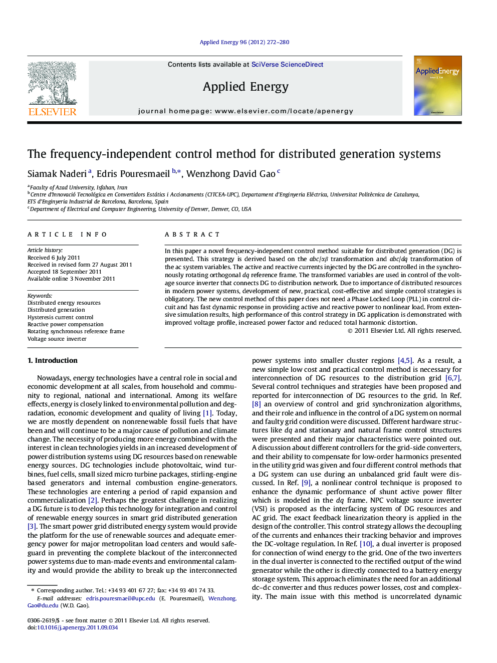 The frequency-independent control method for distributed generation systems
