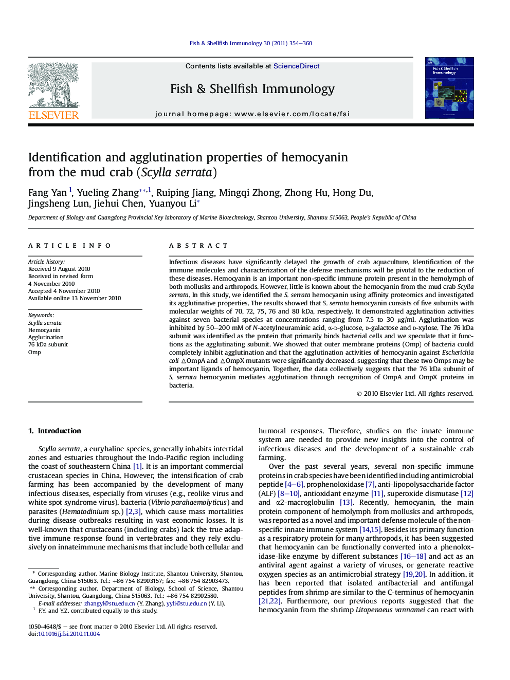 Identification and agglutination properties of hemocyanin from the mud crab (Scylla serrata)