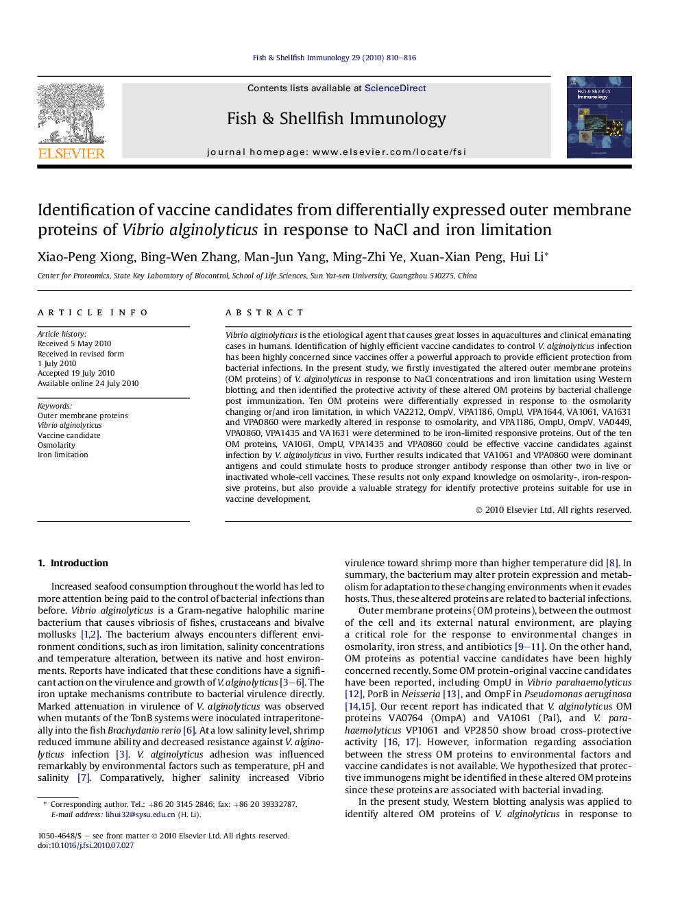 Identification of vaccine candidates from differentially expressed outer membrane proteins of Vibrio alginolyticus in response to NaCl and iron limitation