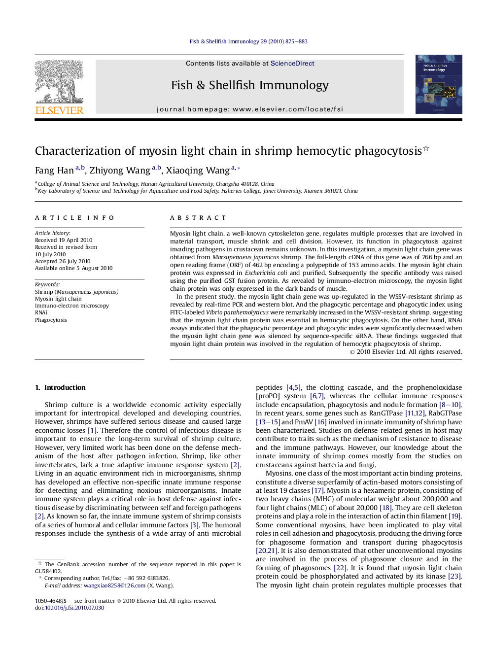 Characterization of myosin light chain in shrimp hemocytic phagocytosis 