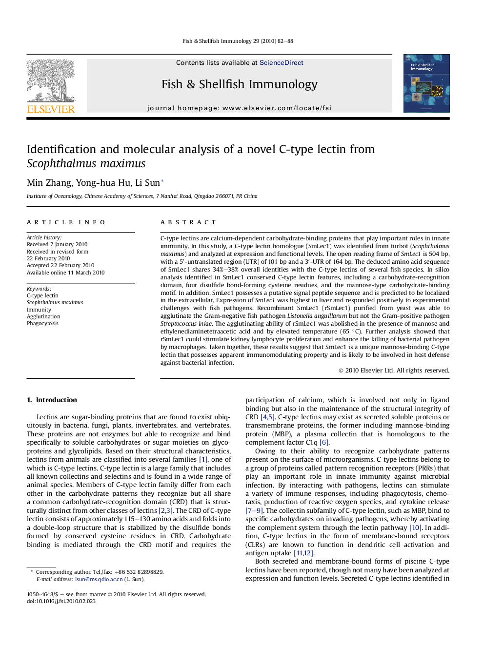 Identification and molecular analysis of a novel C-type lectin from Scophthalmus maximus