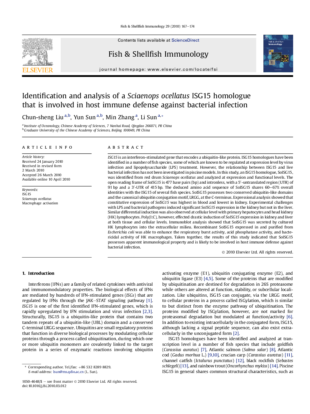 Identification and analysis of a Sciaenops ocellatus ISG15 homologue that is involved in host immune defense against bacterial infection