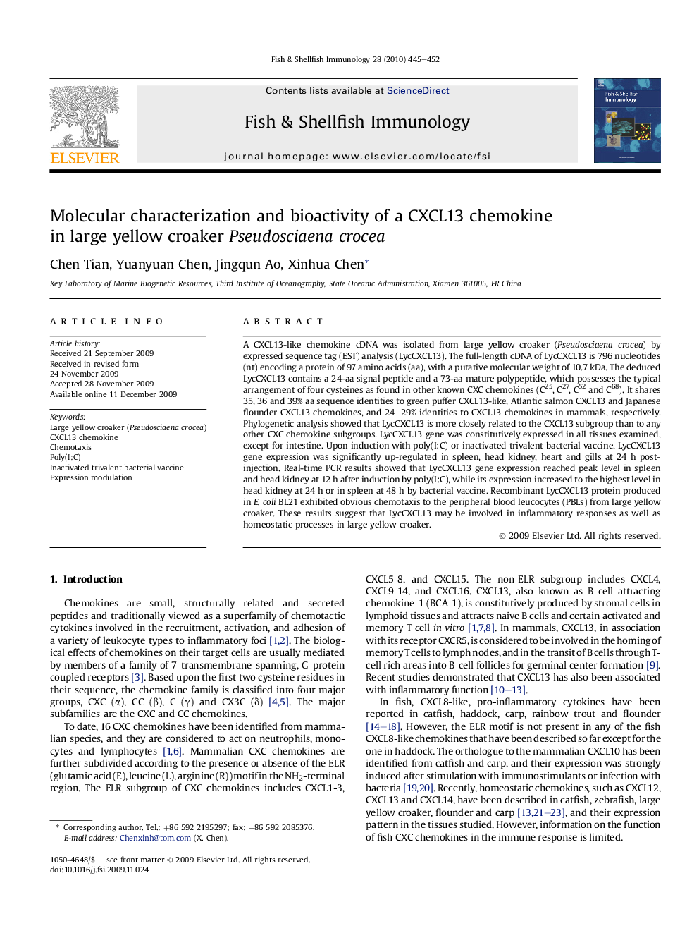 Molecular characterization and bioactivity of a CXCL13 chemokine in large yellow croaker Pseudosciaena crocea