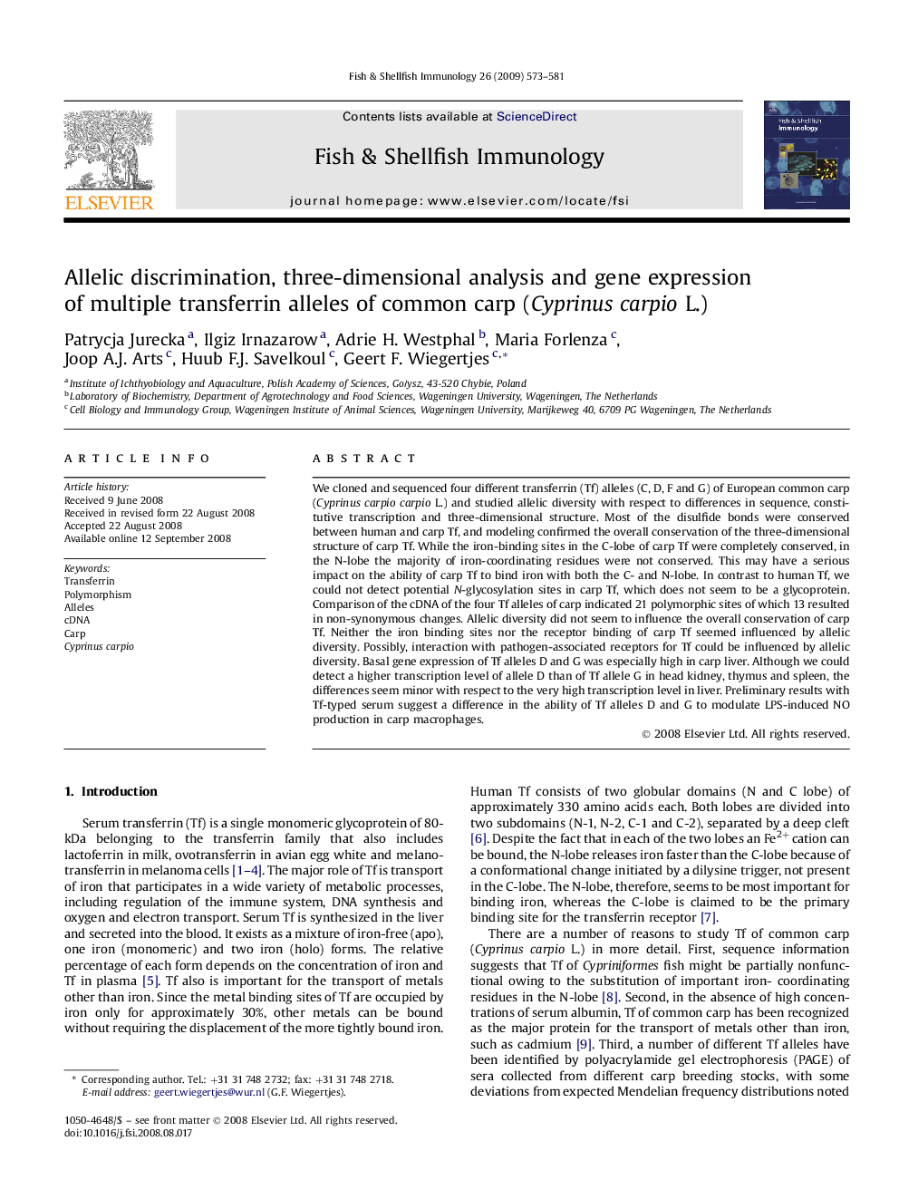 Allelic discrimination, three-dimensional analysis and gene expression of multiple transferrin alleles of common carp (Cyprinus carpio L.)