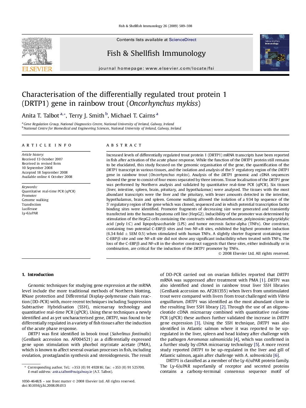 Characterisation of the differentially regulated trout protein 1 (DRTP1) gene in rainbow trout (Oncorhynchus mykiss)