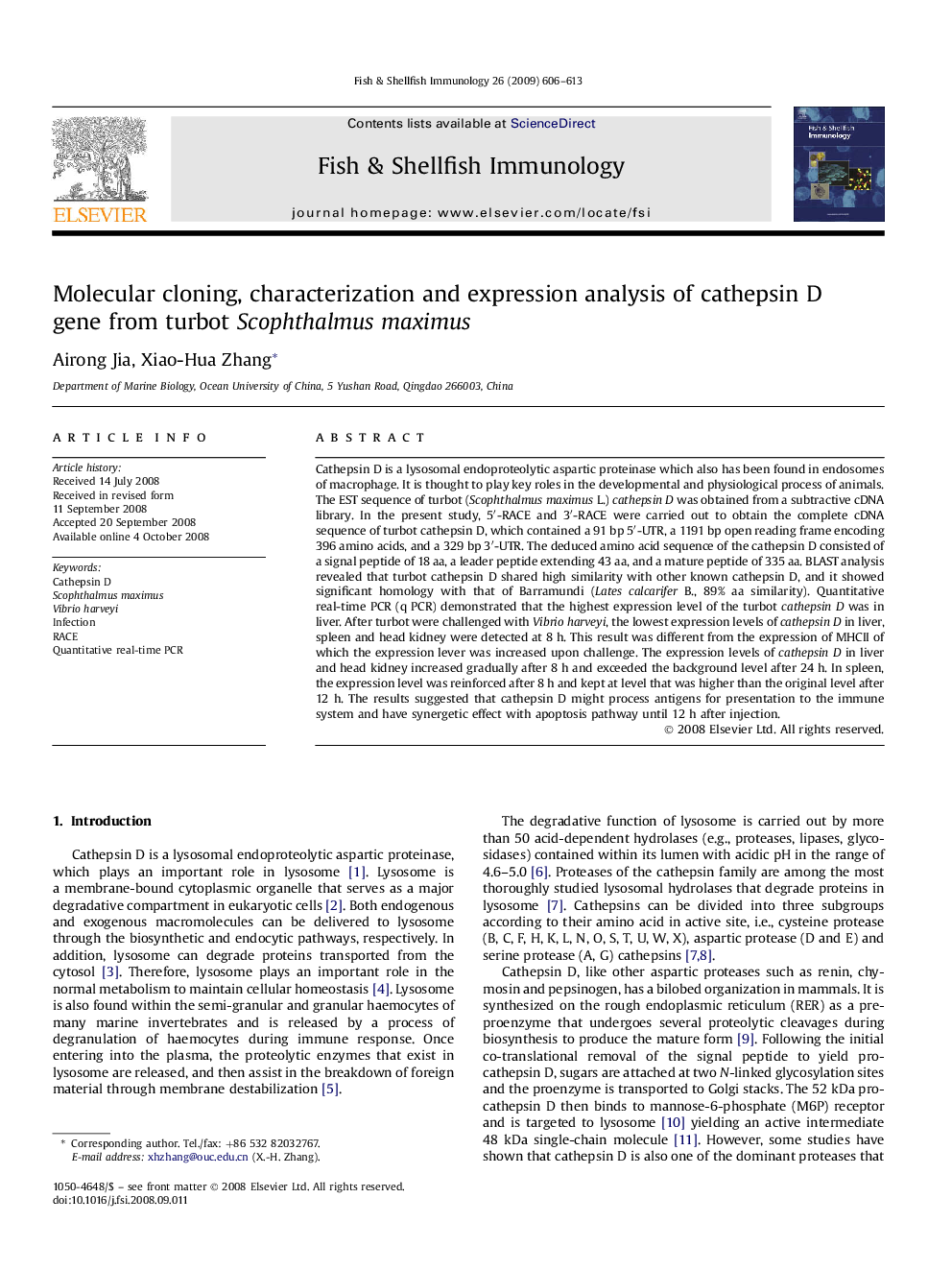 Molecular cloning, characterization and expression analysis of cathepsin D gene from turbot Scophthalmus maximus