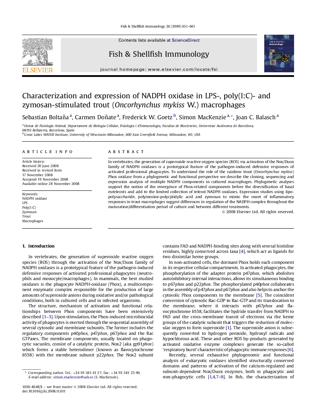 Characterization and expression of NADPH oxidase in LPS-, poly(I:C)- and zymosan-stimulated trout (Oncorhynchus mykiss W.) macrophages