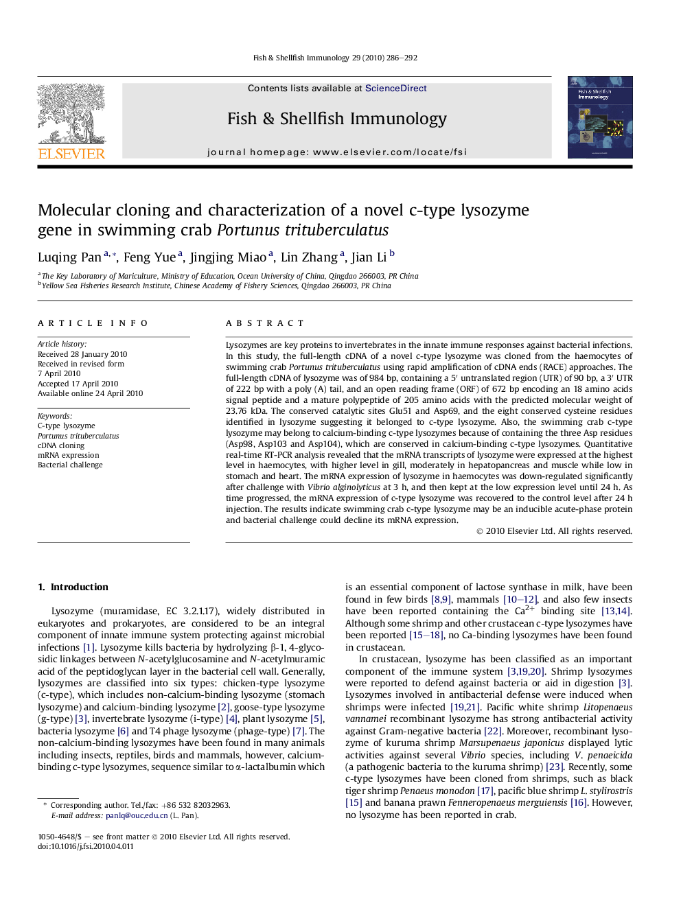 Molecular cloning and characterization of a novel c-type lysozyme gene in swimming crab Portunus trituberculatus