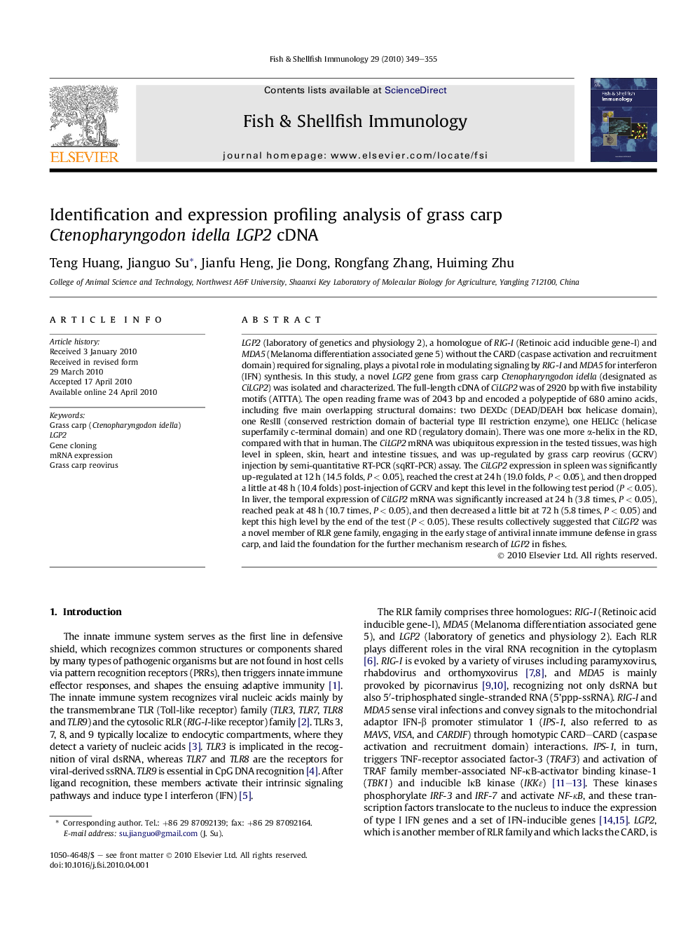 Identification and expression profiling analysis of grass carp Ctenopharyngodon idella LGP2 cDNA