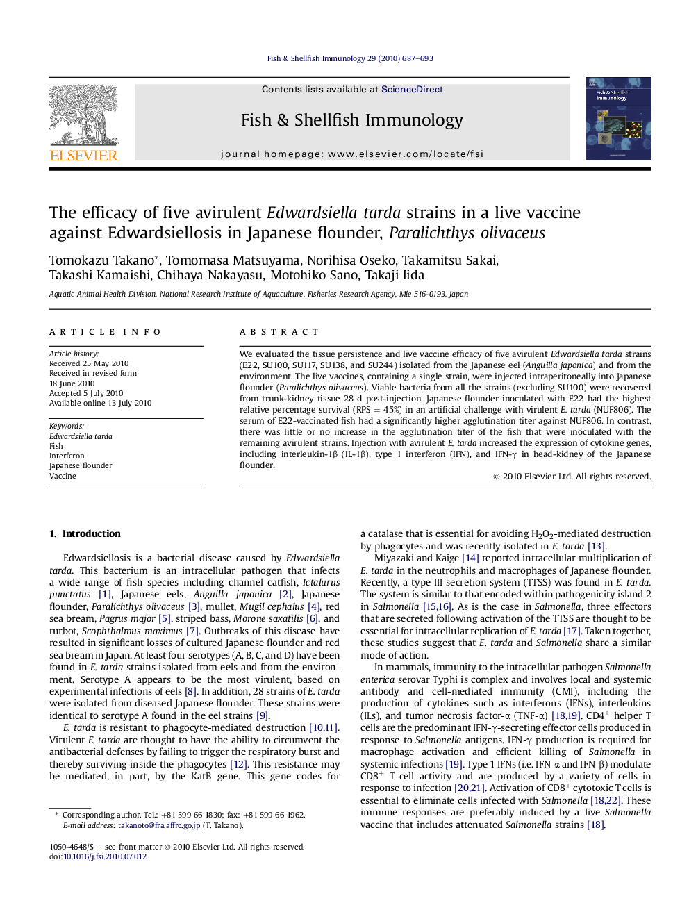 The efficacy of five avirulent Edwardsiella tarda strains in a live vaccine against Edwardsiellosis in Japanese flounder, Paralichthys olivaceus