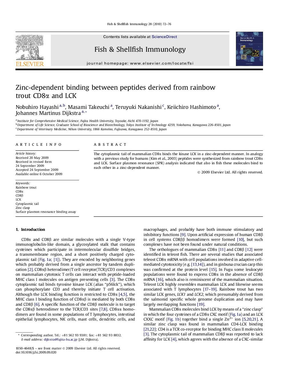 Zinc-dependent binding between peptides derived from rainbow trout CD8α and LCK