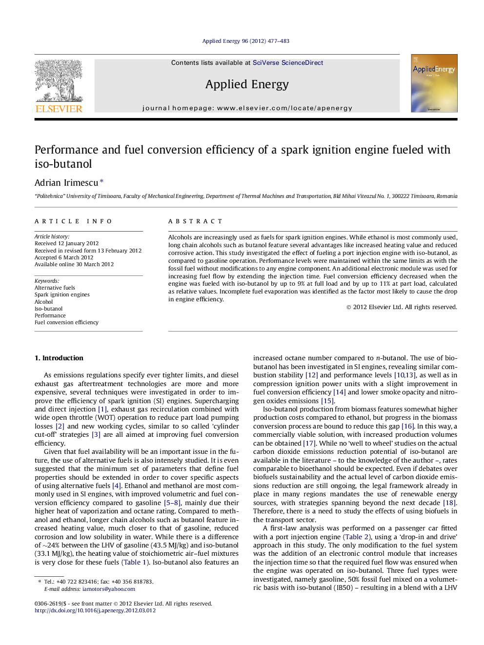 Performance and fuel conversion efficiency of a spark ignition engine fueled with iso-butanol