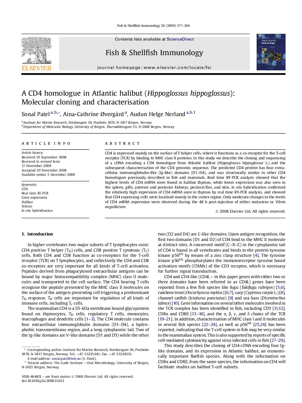 A CD4 homologue in Atlantic halibut (Hippoglossus hippoglossus): Molecular cloning and characterisation