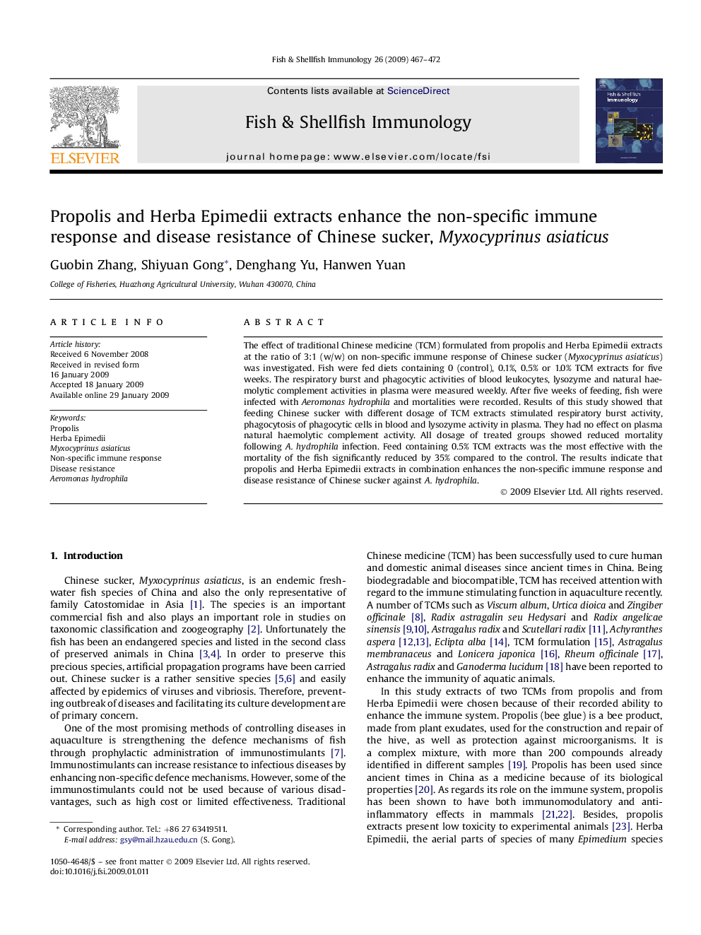 Propolis and Herba Epimedii extracts enhance the non-specific immune response and disease resistance of Chinese sucker, Myxocyprinus asiaticus