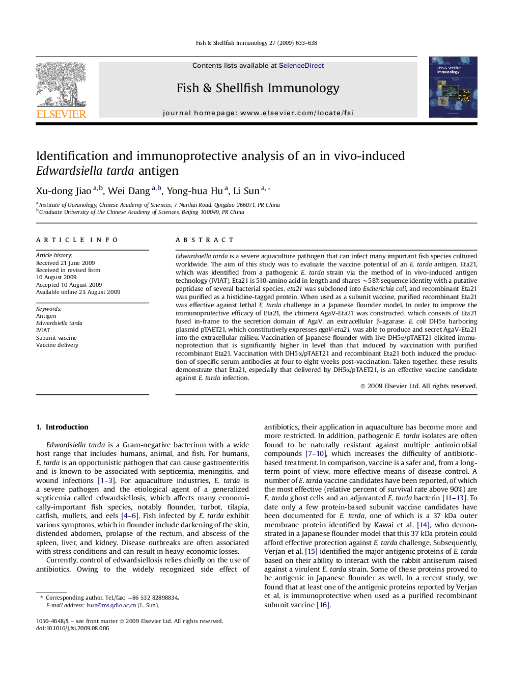 Identification and immunoprotective analysis of an in vivo-induced Edwardsiella tarda antigen