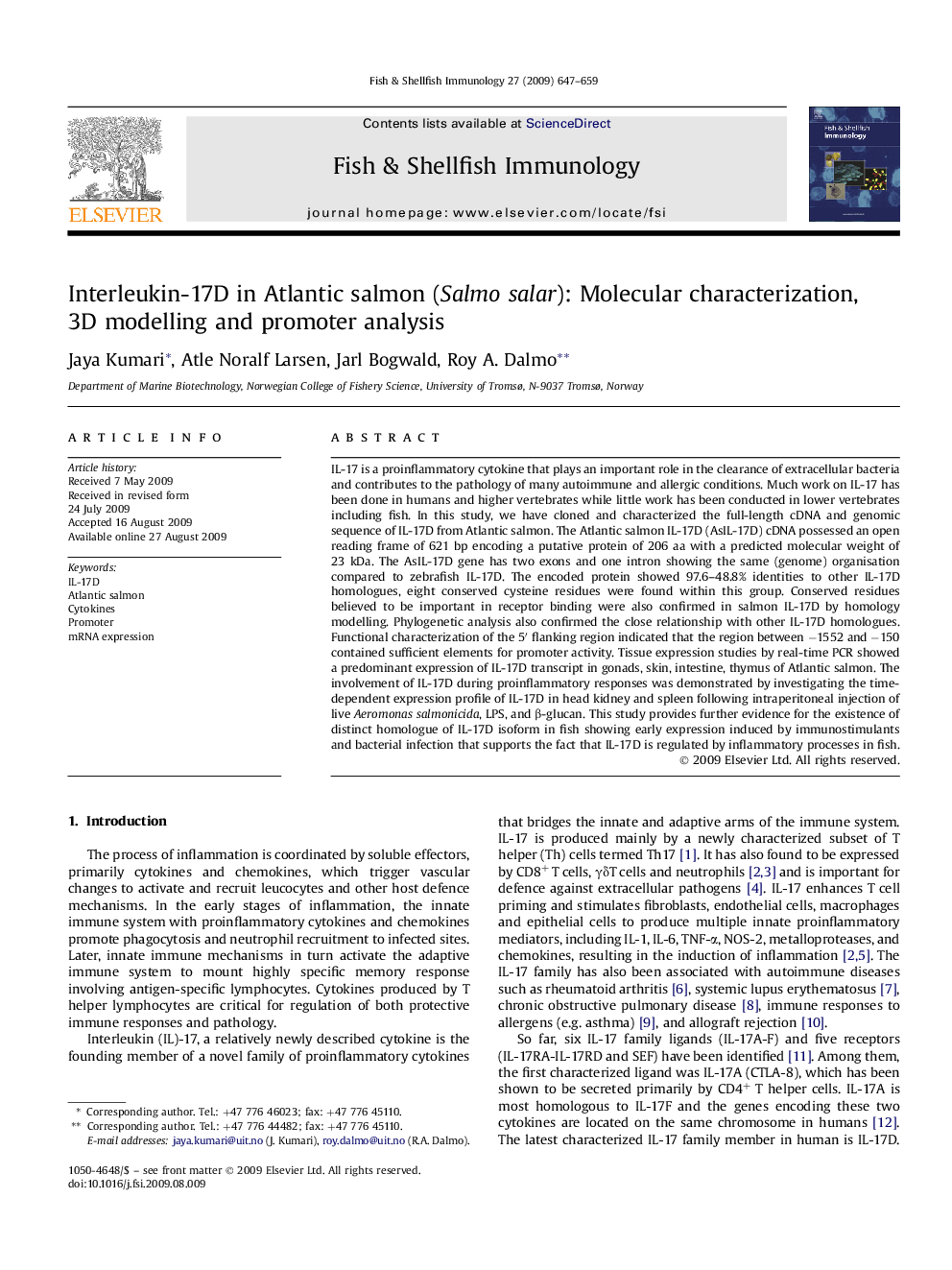 Interleukin-17D in Atlantic salmon (Salmo salar): Molecular characterization, 3D modelling and promoter analysis