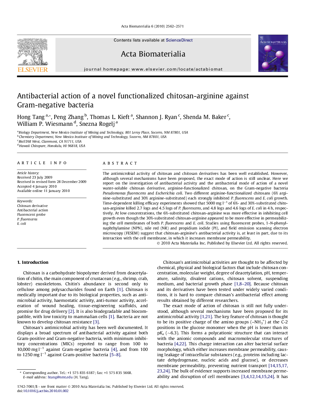 Antibacterial action of a novel functionalized chitosan-arginine against Gram-negative bacteria