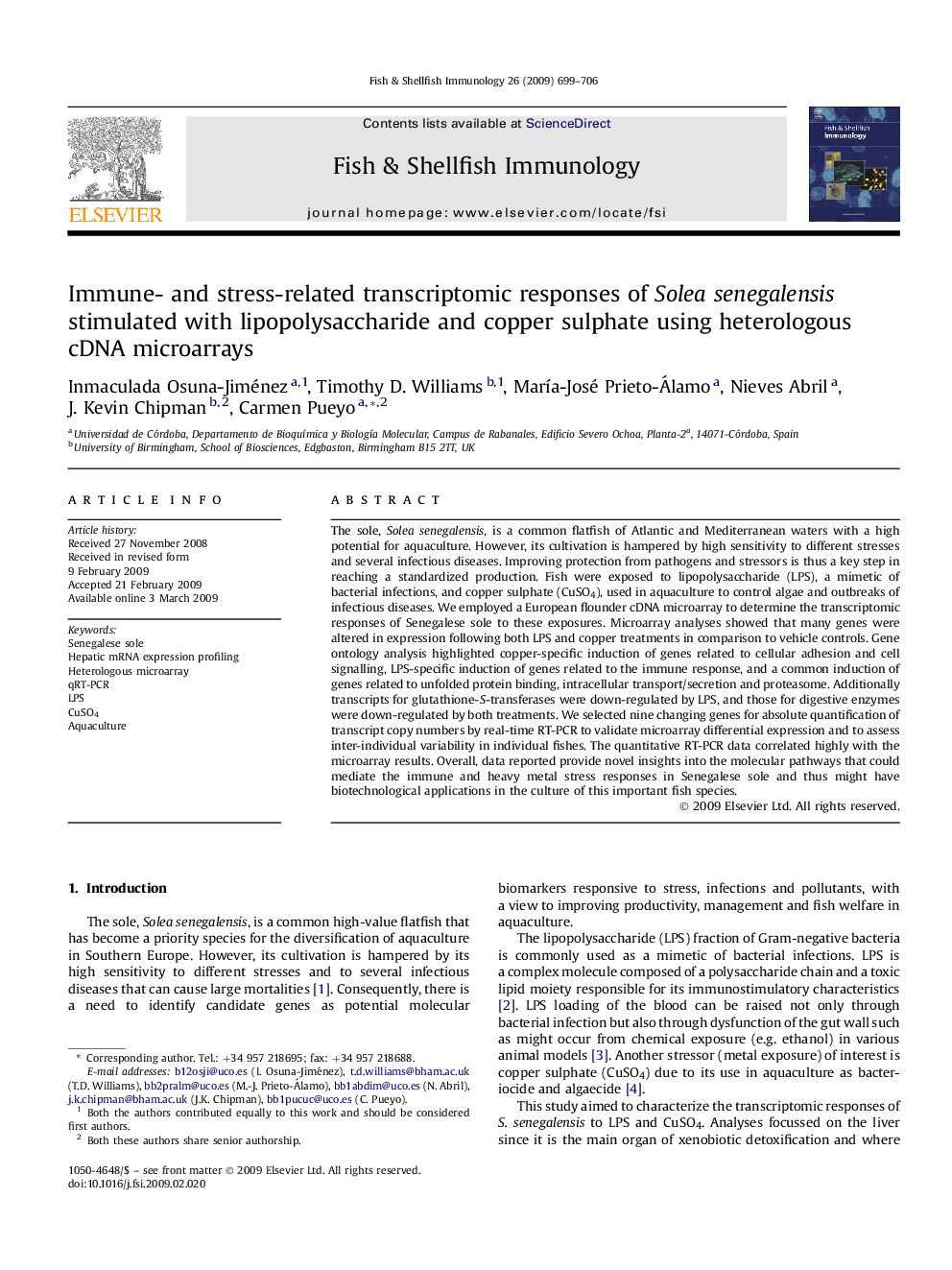 Immune- and stress-related transcriptomic responses of Solea senegalensis stimulated with lipopolysaccharide and copper sulphate using heterologous cDNA microarrays