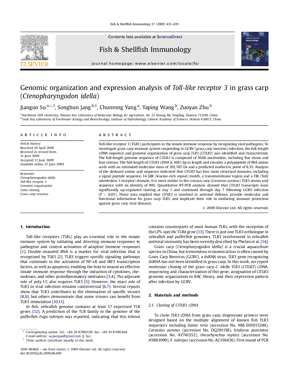 Genomic organization and expression analysis of Toll-like receptor 3 in grass carp (Ctenopharyngodon idella)