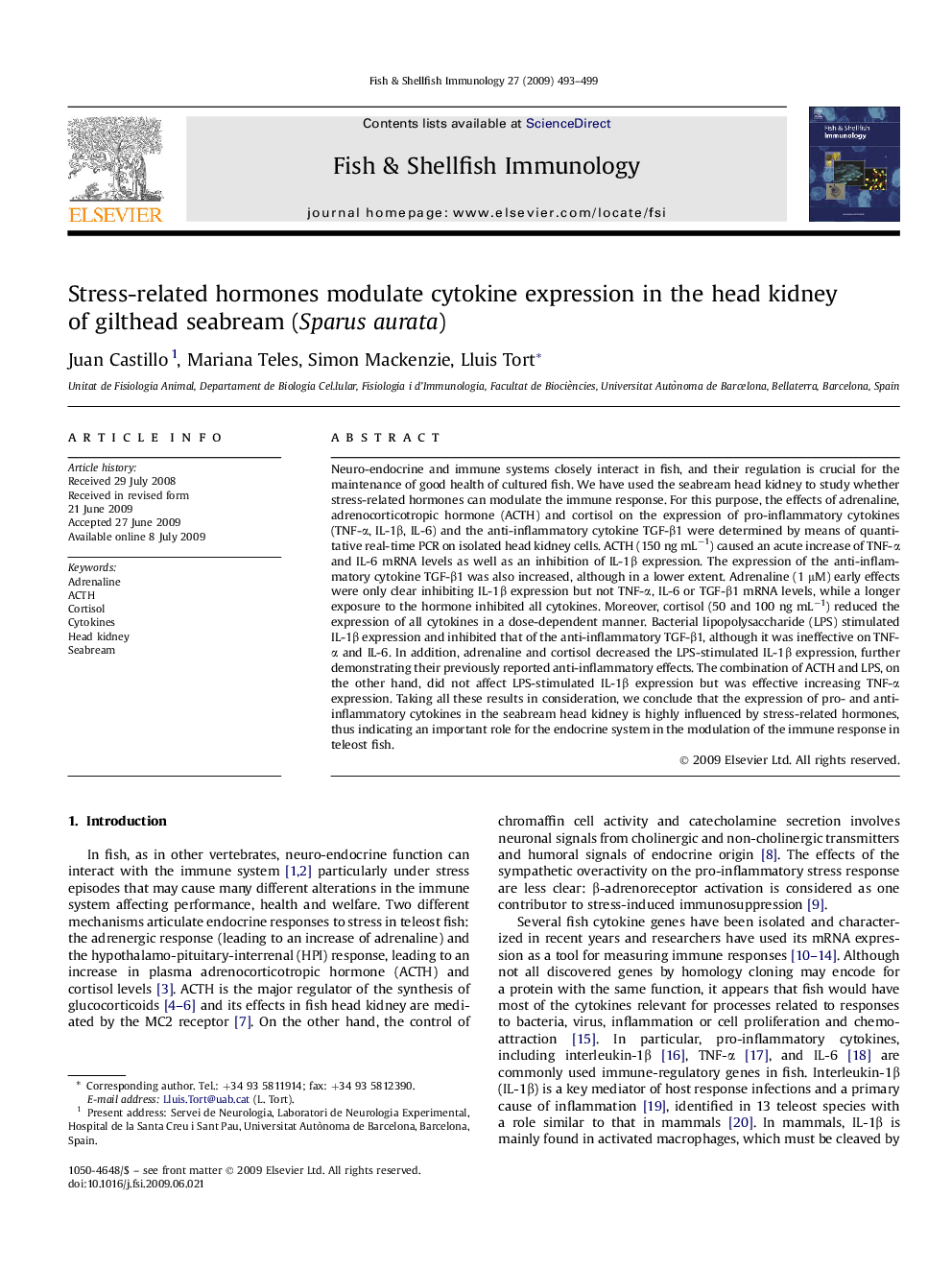 Stress-related hormones modulate cytokine expression in the head kidney of gilthead seabream (Sparus aurata)