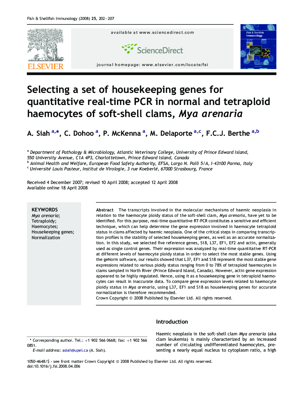 Selecting a set of housekeeping genes for quantitative real-time PCR in normal and tetraploid haemocytes of soft-shell clams, Mya arenaria