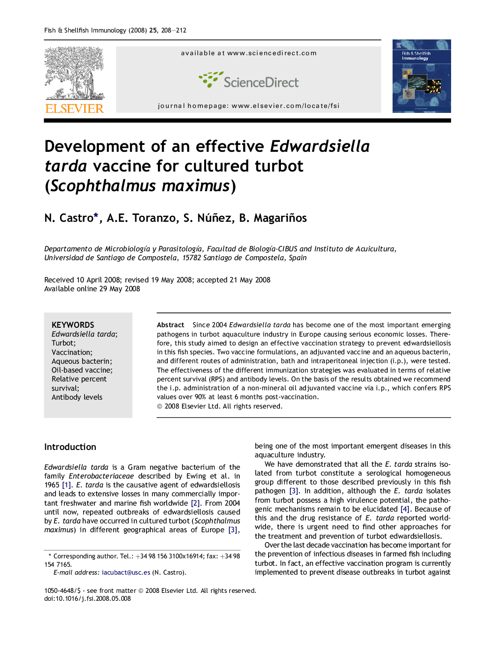 Development of an effective Edwardsiella tarda vaccine for cultured turbot (Scophthalmus maximus)