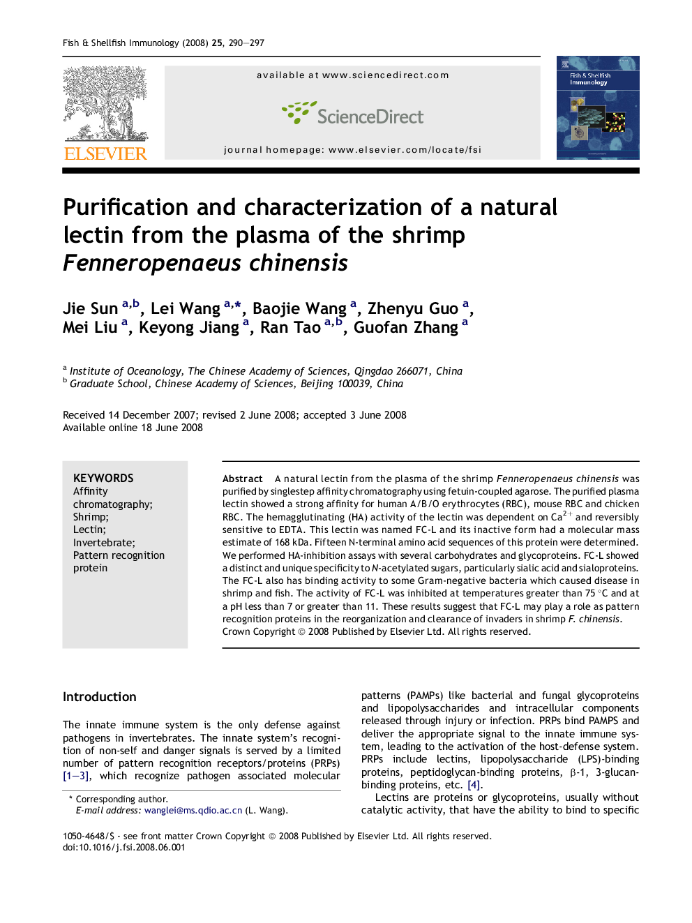 Purification and characterization of a natural lectin from the plasma of the shrimp Fenneropenaeus chinensis