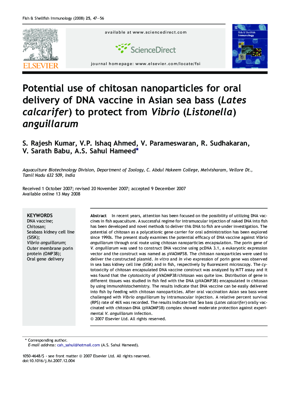 Potential use of chitosan nanoparticles for oral delivery of DNA vaccine in Asian sea bass (Lates calcarifer) to protect from Vibrio (Listonella) anguillarum
