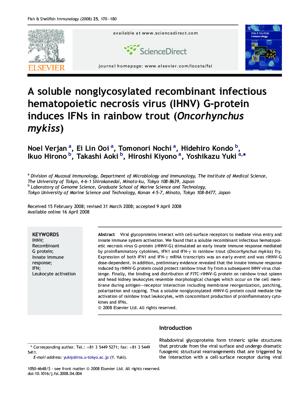 A soluble nonglycosylated recombinant infectious hematopoietic necrosis virus (IHNV) G-protein induces IFNs in rainbow trout (Oncorhynchus mykiss)