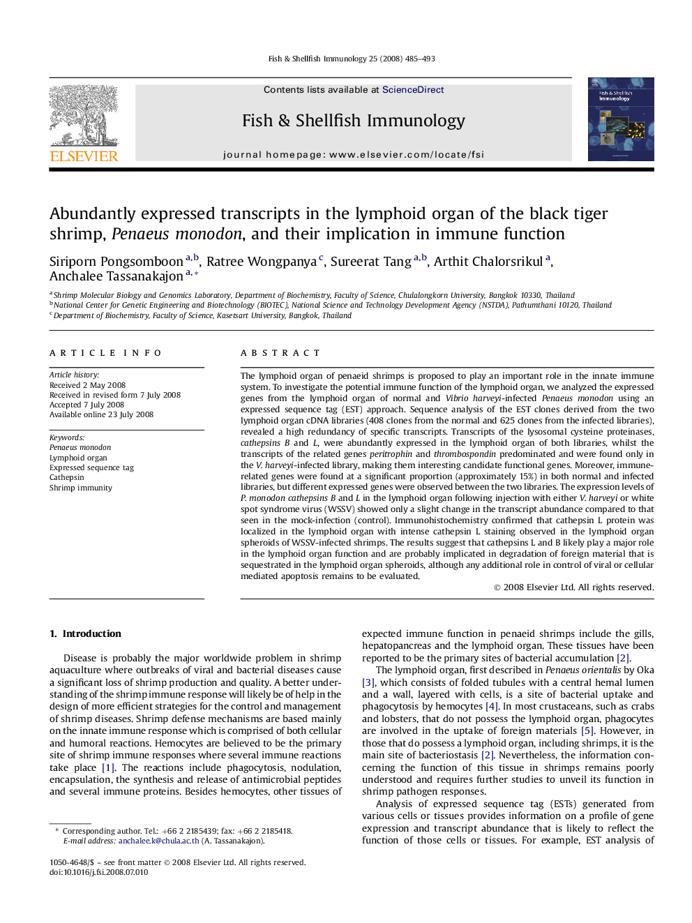 Abundantly expressed transcripts in the lymphoid organ of the black tiger shrimp, Penaeus monodon, and their implication in immune function