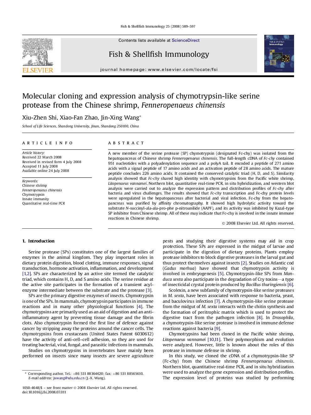 Molecular cloning and expression analysis of chymotrypsin-like serine protease from the Chinese shrimp, Fenneropenaeus chinensis